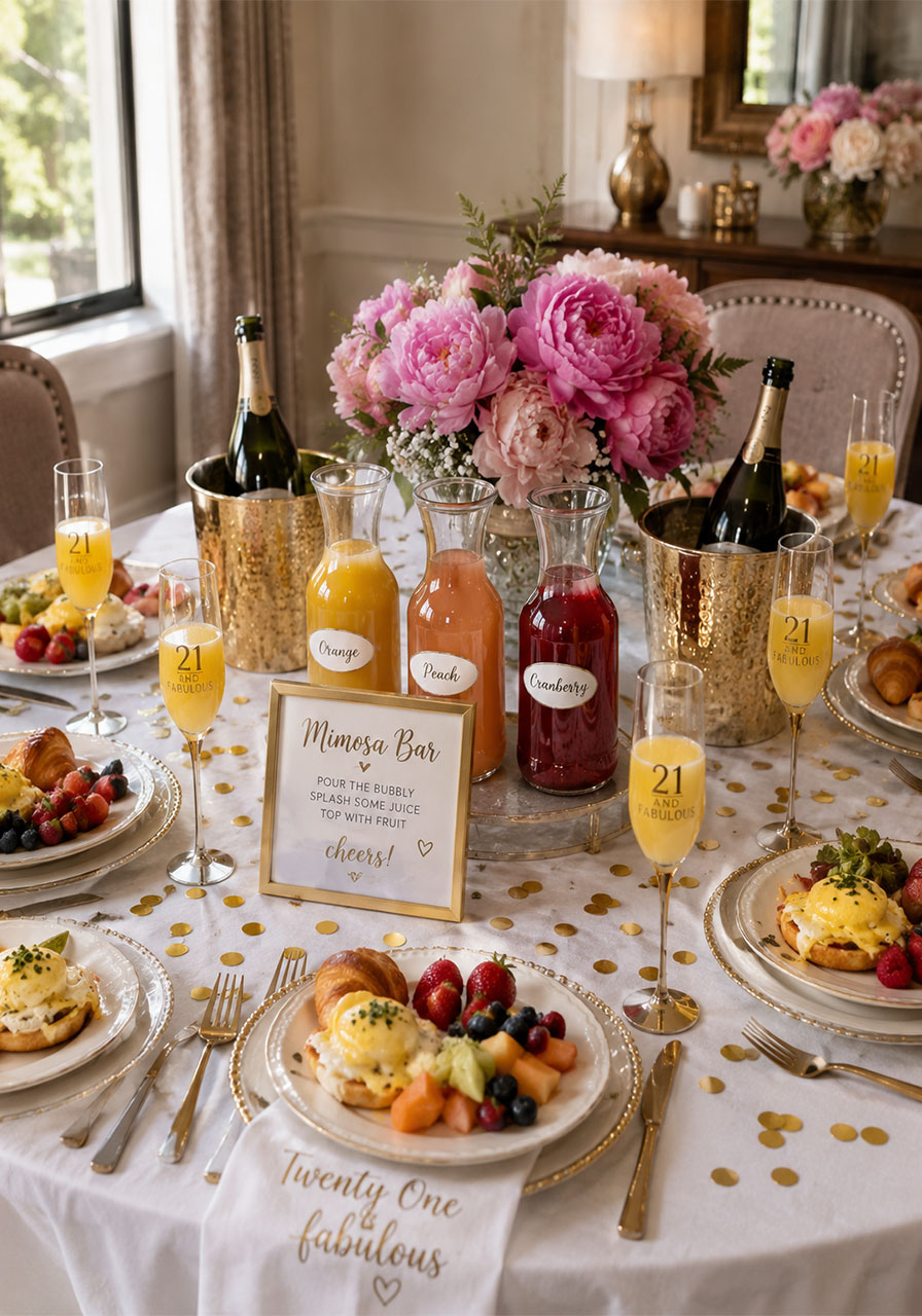 Elegant 21st birthday brunch table setup with DIY mimosa bar, gold flutes, and fresh flower centerpiece
