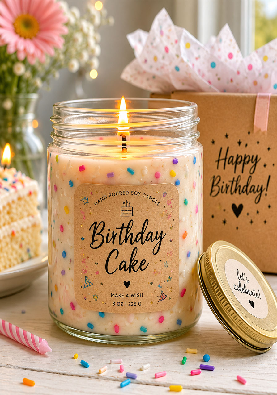 Birthday cake scented candle with rainbow sprinkles in clear glass jar as non-alcohol 21st birthday gift
