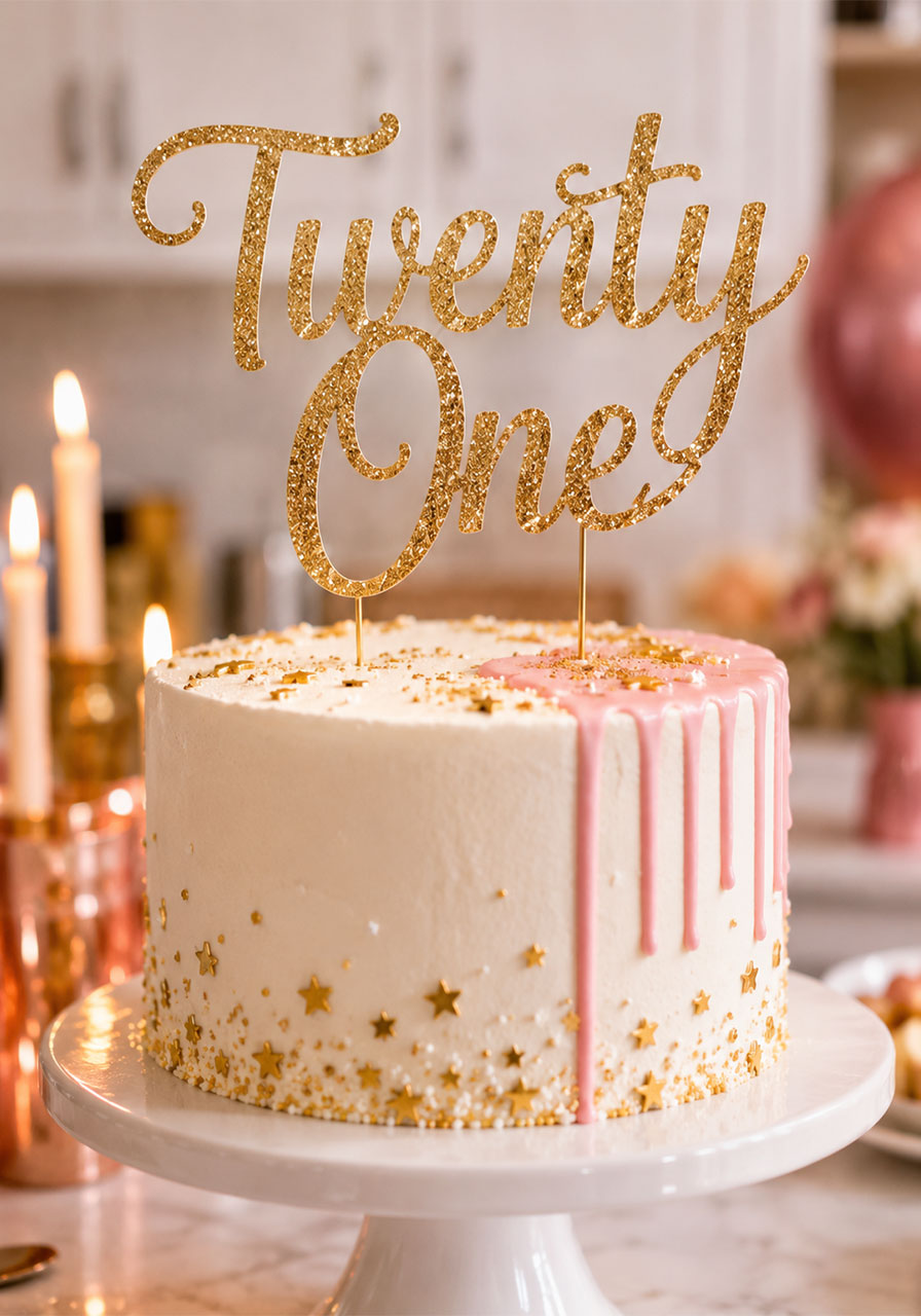 White birthday cake with glittery gold Twenty One cake topper and pink drip for 21st birthday celebration