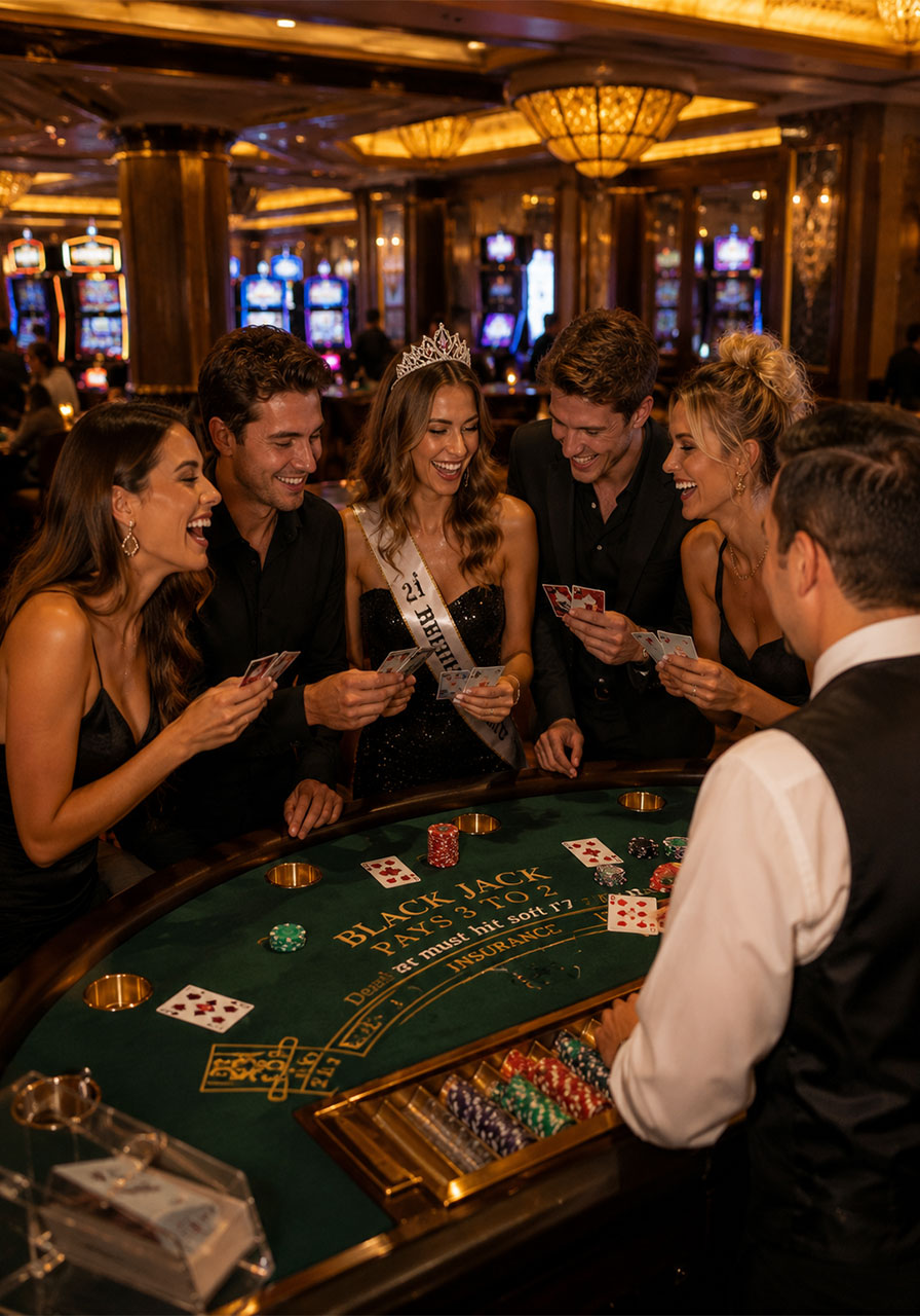 Group of friends celebrating 21st birthday at casino blackjack table with birthday girl in tiara and sash
