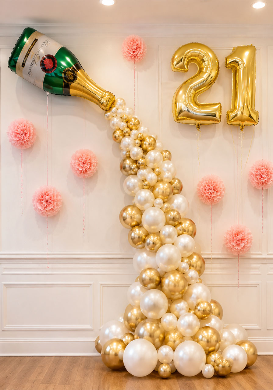 DIY champagne balloon wall with gold number balloons and cascading balloon garland for 21st birthday