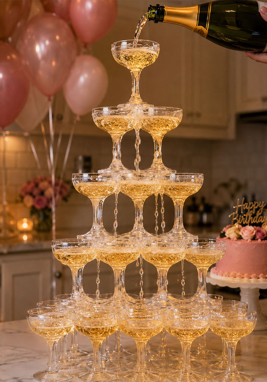 Champagne tower with coupe glasses being filled as champagne cascades down tiers for 21st birthday