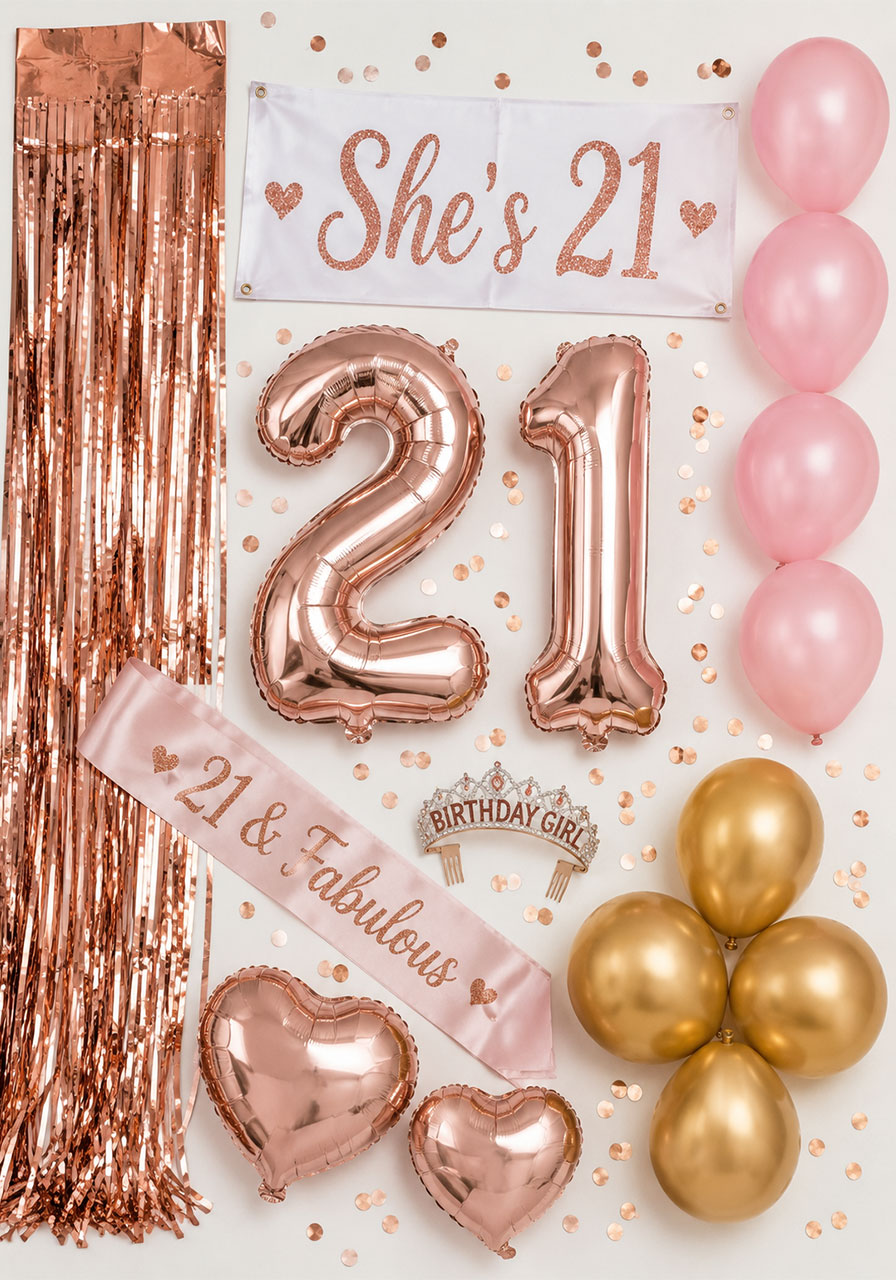 Complete 21st birthday decoration kit with banners, balloons, sash, and rose gold fringe curtain laid flat