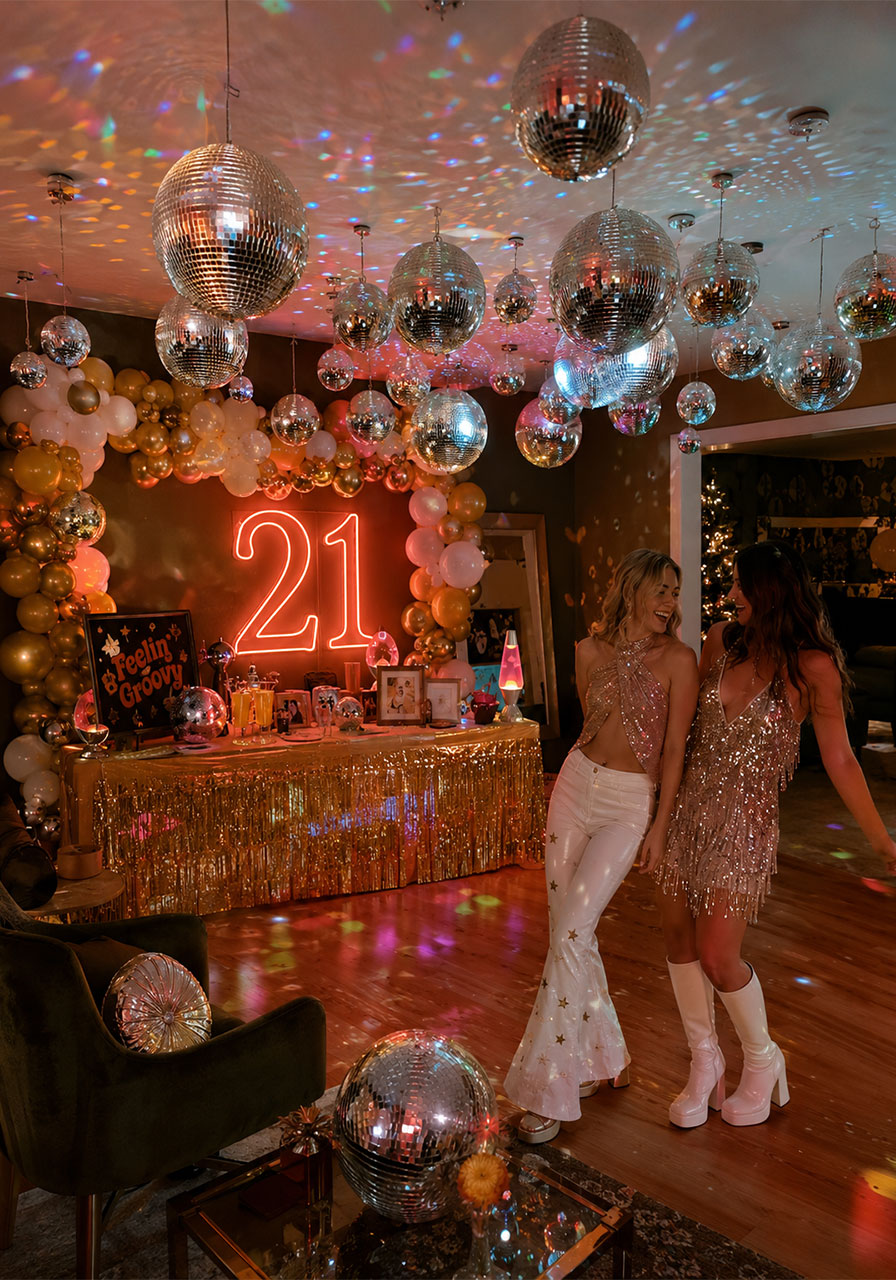 Disco-themed 21st birthday party setup with mirror balls, neon signs, and retro gold decorations