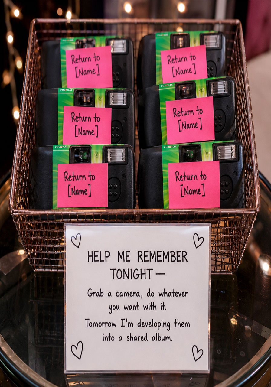 Basket of Fujifilm disposable cameras with pink sticky notes and Help Me Remember Tonight sign for 21st birthday