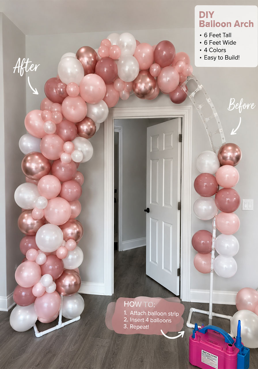 DIY balloon arch in progress showing complete and incomplete sides for 21st birthday party tutorial