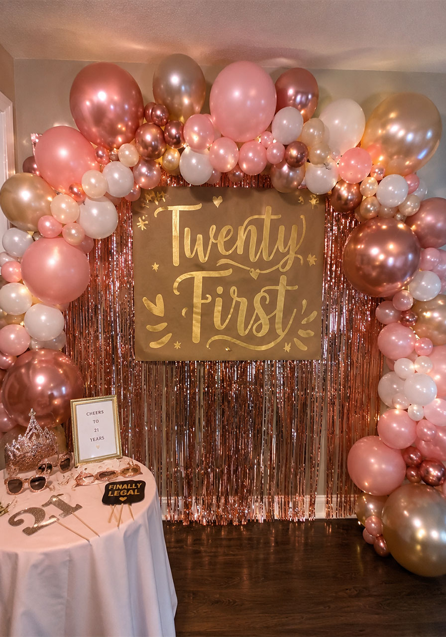 DIY photo booth backdrop for 21st birthday with balloon arch and gold cursive banner