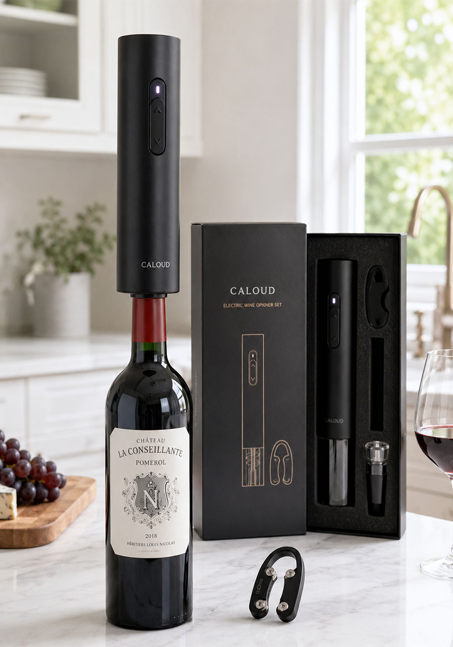 Sleek electric wine opener removing cork from red wine bottle as practical 21st birthday gift idea
