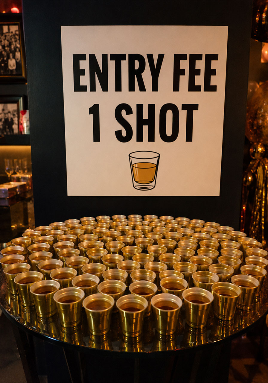 Entry fee one shot table with rows of pre-poured shot cups and bold sign for 21st birthday party