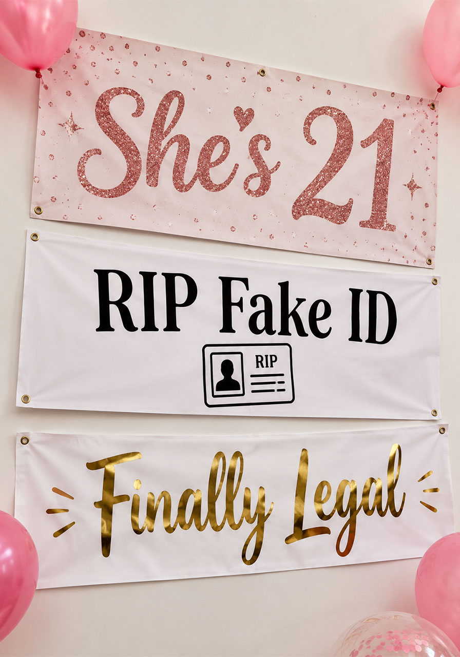Three funny 21st birthday banners including RIP Fake ID, She's 21, and Finally Legal on wall display