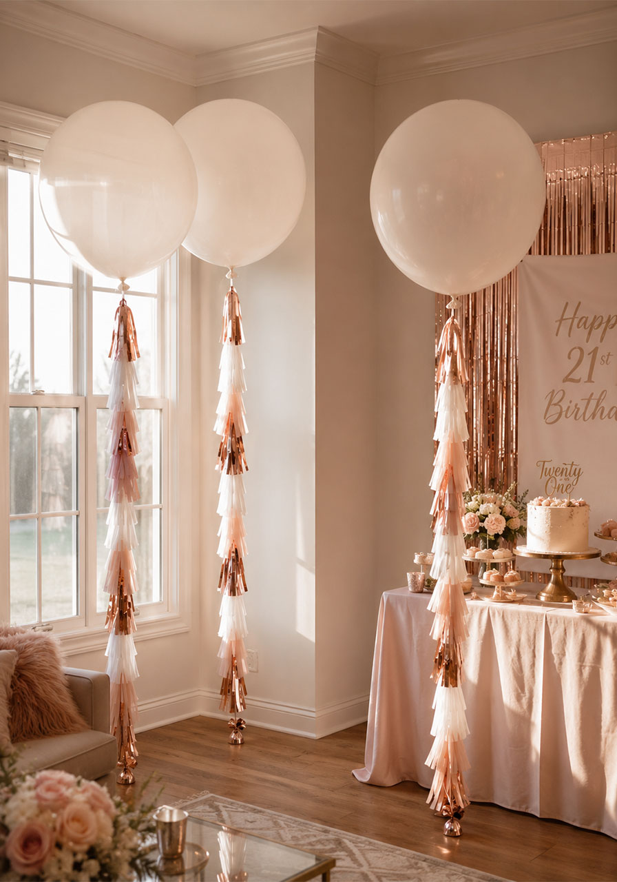 Giant oversized white 36-inch balloons with tassel garlands floating near ceiling at 21st birthday party