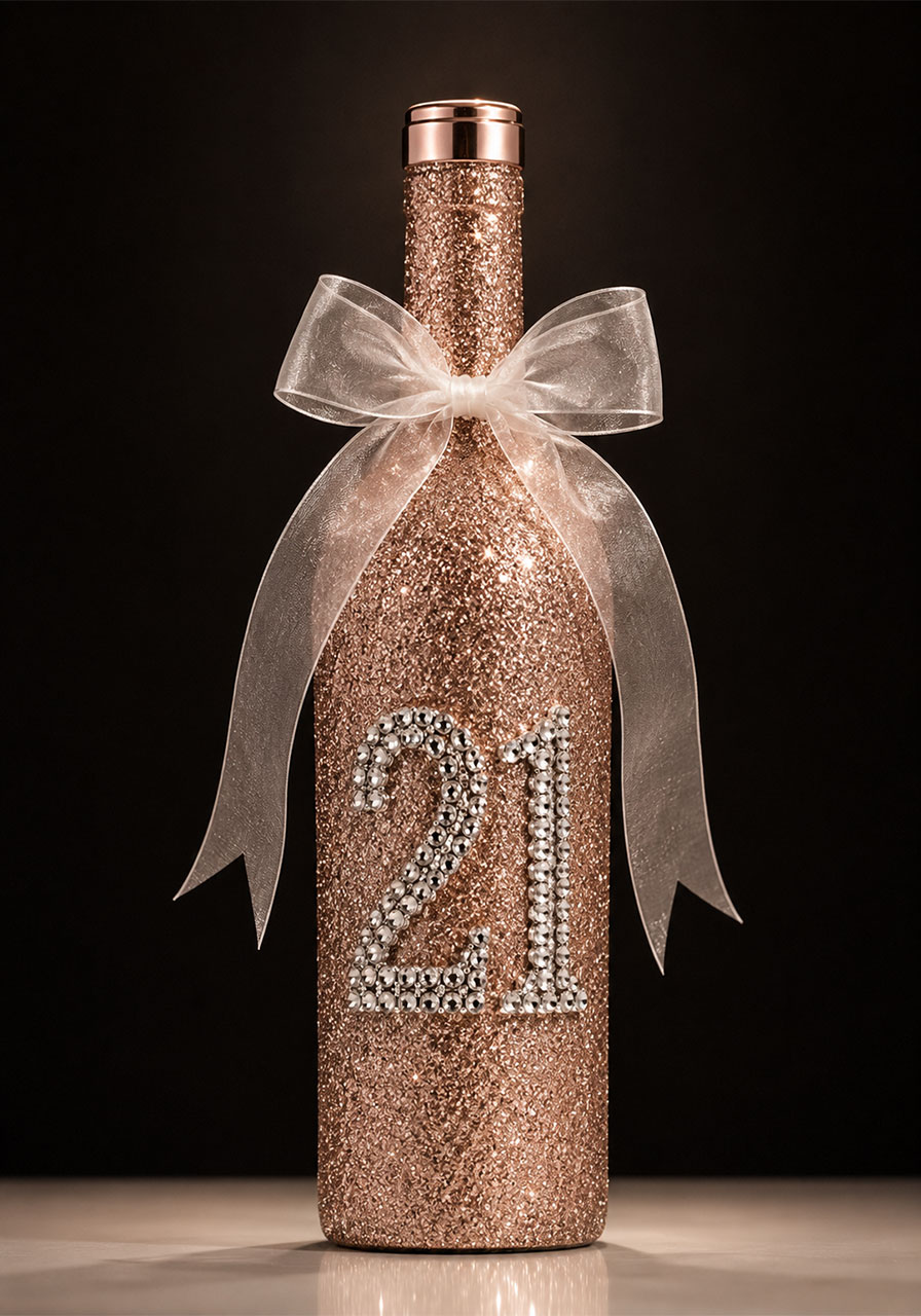 DIY rose gold glitter vodka bottle with rhinestone 21 design as personalized 21st birthday gift