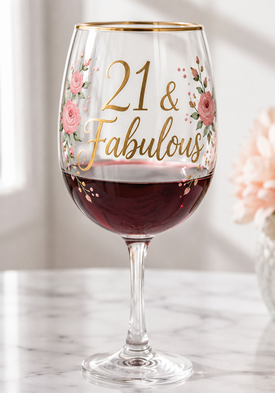 Hand-painted 21st birthday wine glass with gold script and floral design as personalized birthday gift