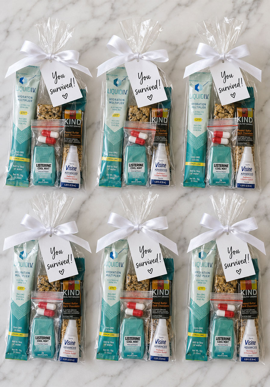 DIY hangover kit favor bags with Liquid IV, Tylenol, and essentials for 21st birthday party guests