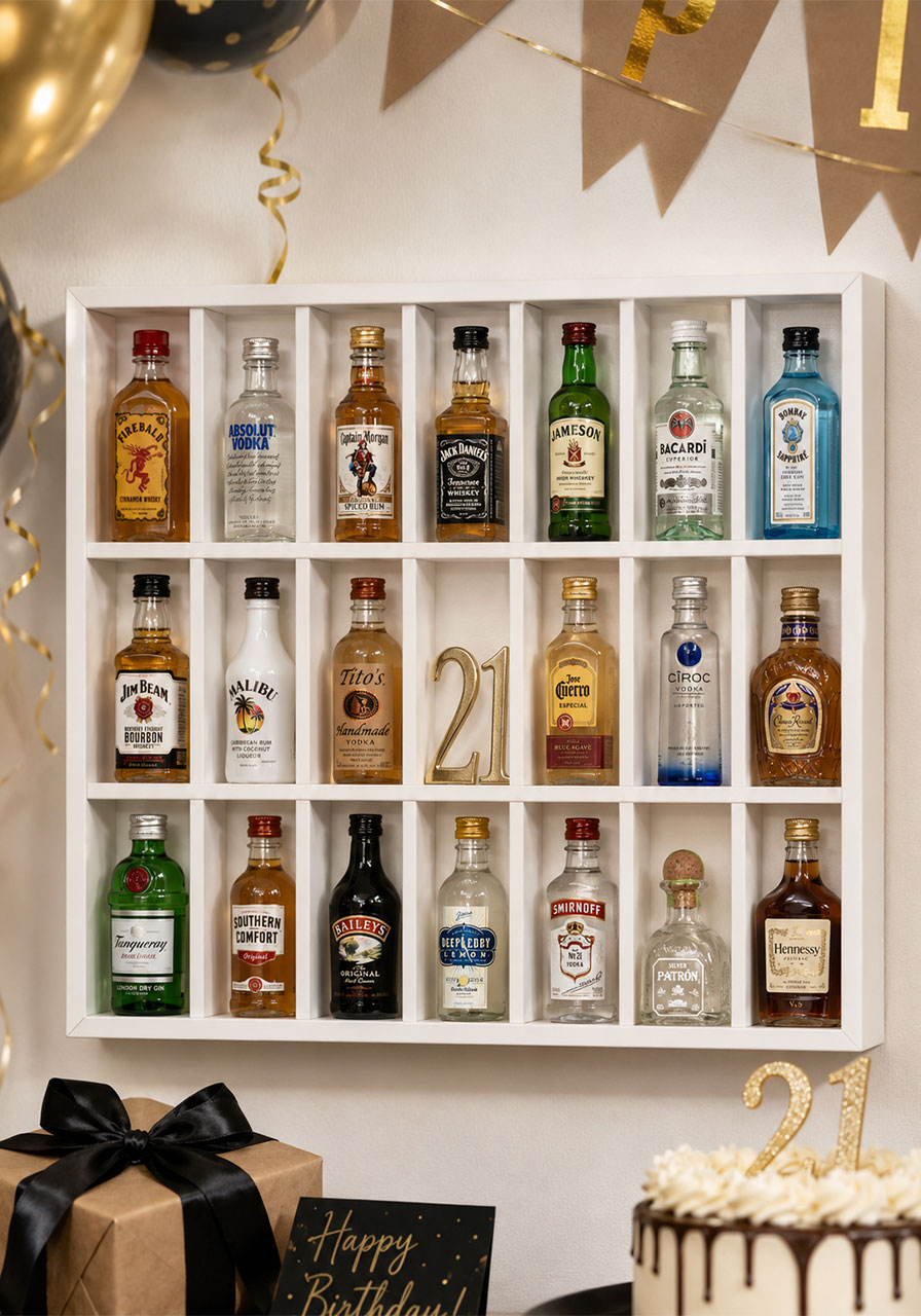 Wooden 21-compartment mini liquor bottle display shelf filled with colorful airline bottles as birthday gift