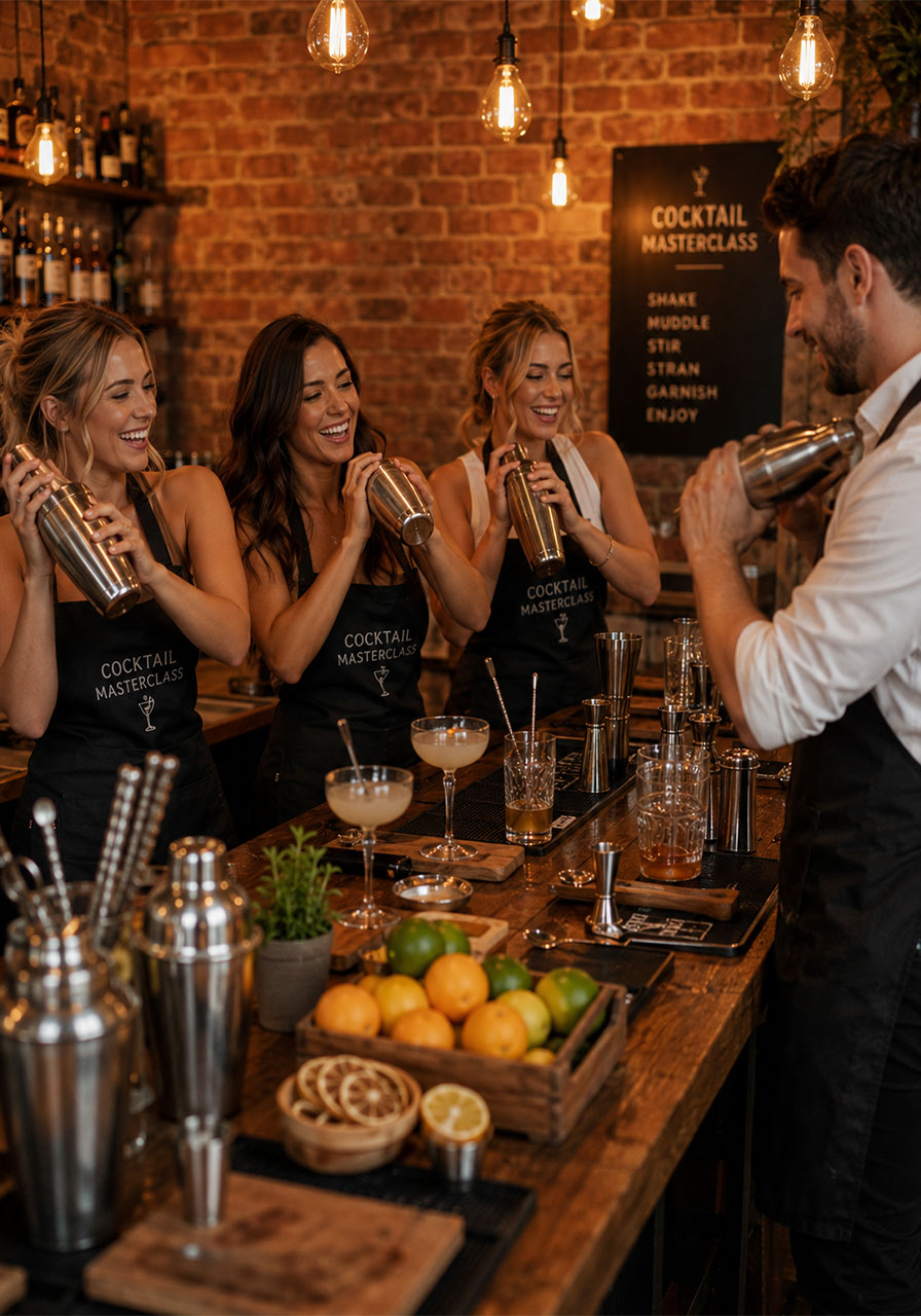 Women attending a mixology cocktail class as a fun 21st birthday activity with a professional bartender