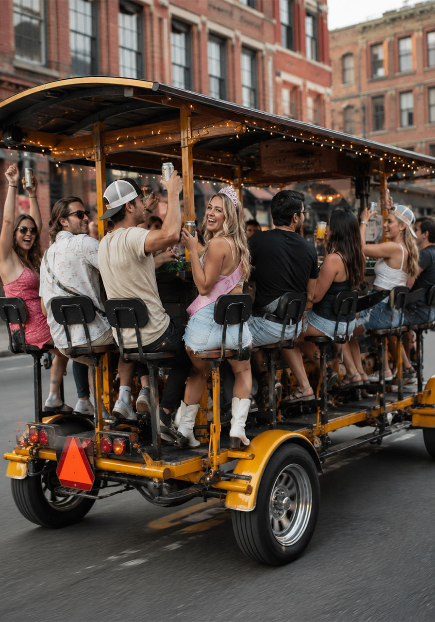 Group of friends celebrating 21st birthday on a pedal tavern party bike through downtown city streets