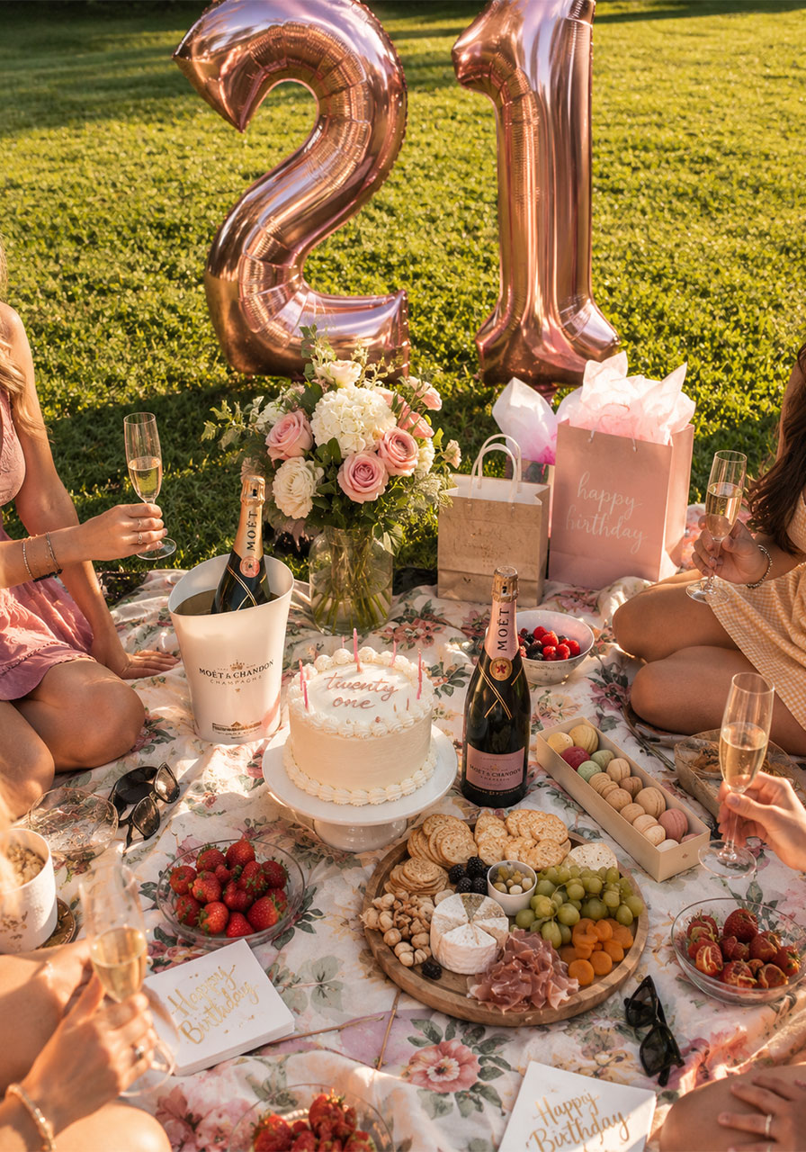 Overhead view of outdoor 21st birthday picnic spread with rose gold balloons, champagne, and charcuterie board