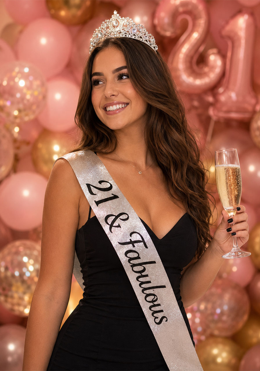 Young woman wearing sparkly 21 and fabulous birthday sash and silver tiara crown with champagne flute