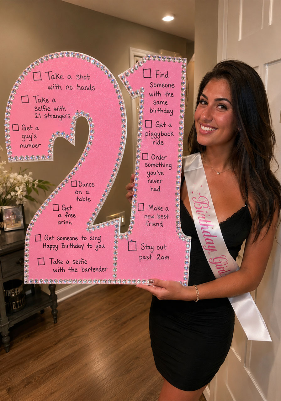 Young woman holding decorated 21st birthday scavenger hunt checklist sign with tasks for a night out