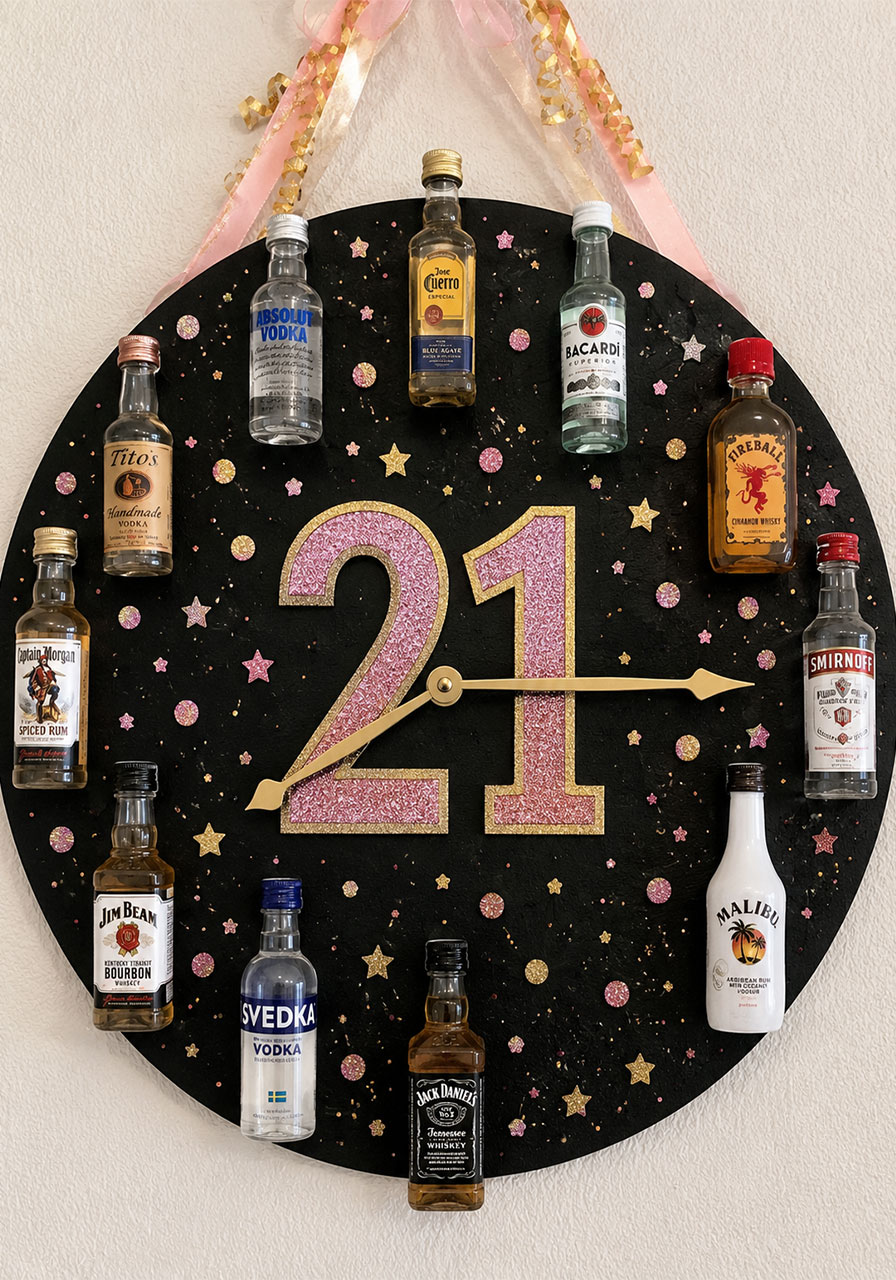 DIY 21st birthday shot clock poster with 12 mini liquor bottles arranged in clock positions on black background