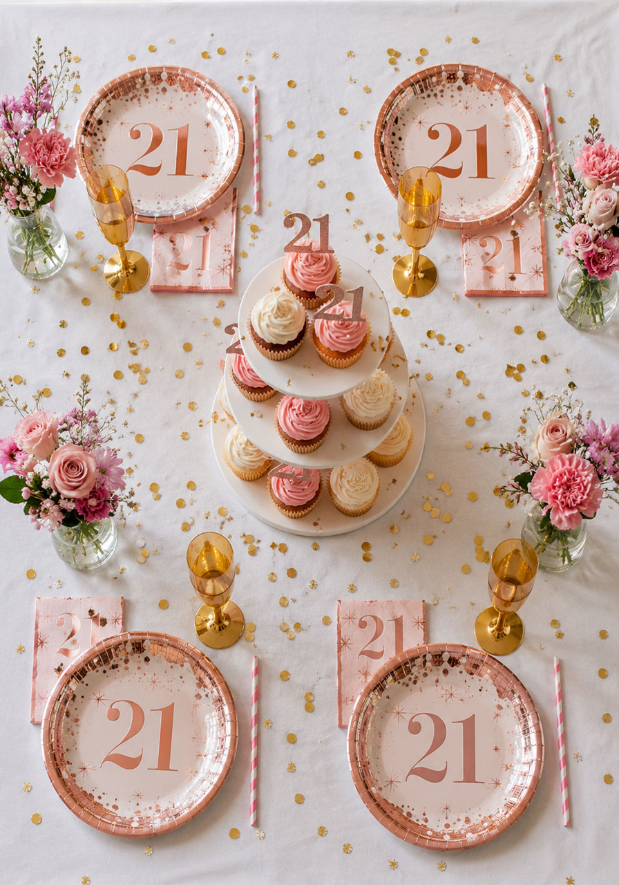 Flat lay overhead view of 21st birthday themed tableware place settings with rose gold plates and gold flutes