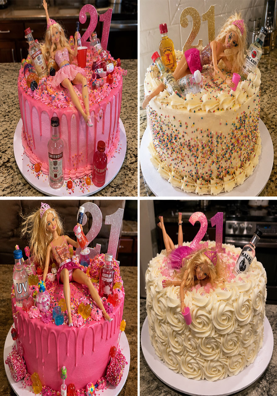 Collage of four trashed Barbie 21st birthday cakes decorated with mini liquor bottles and sprinkles