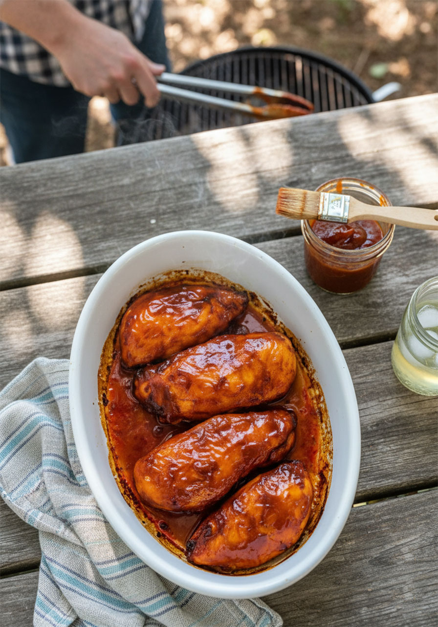 Four juicy baked BBQ chicken breasts with caramelized glaze in a white oval dish, ready to serve