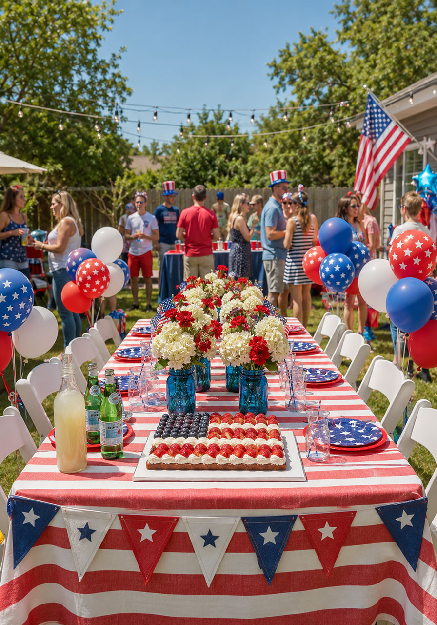 4th of July backyard party table with red white and blue decorations, balloons and flag cake