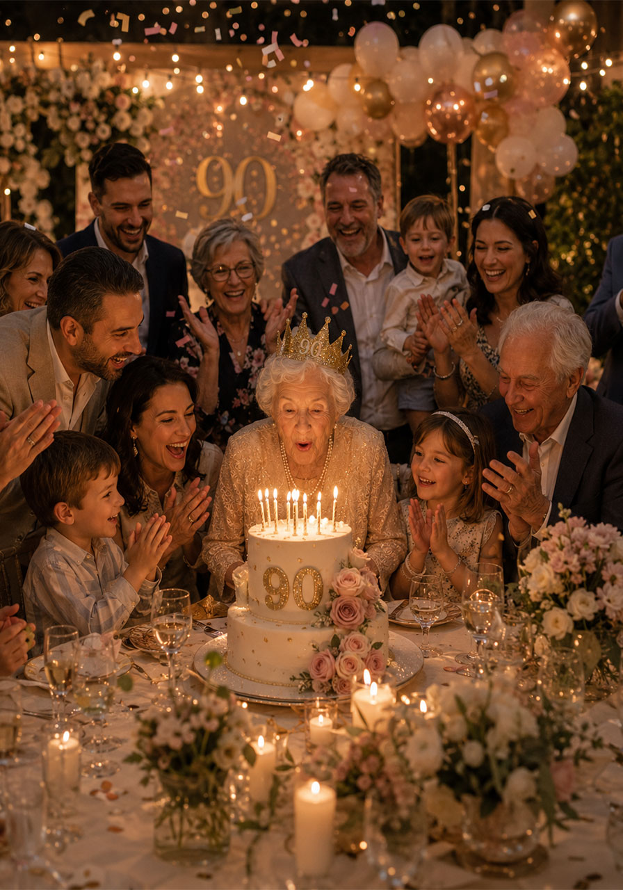 90-year-old birthday honoree blowing out candles on decorated cake surrounded by three generations of family