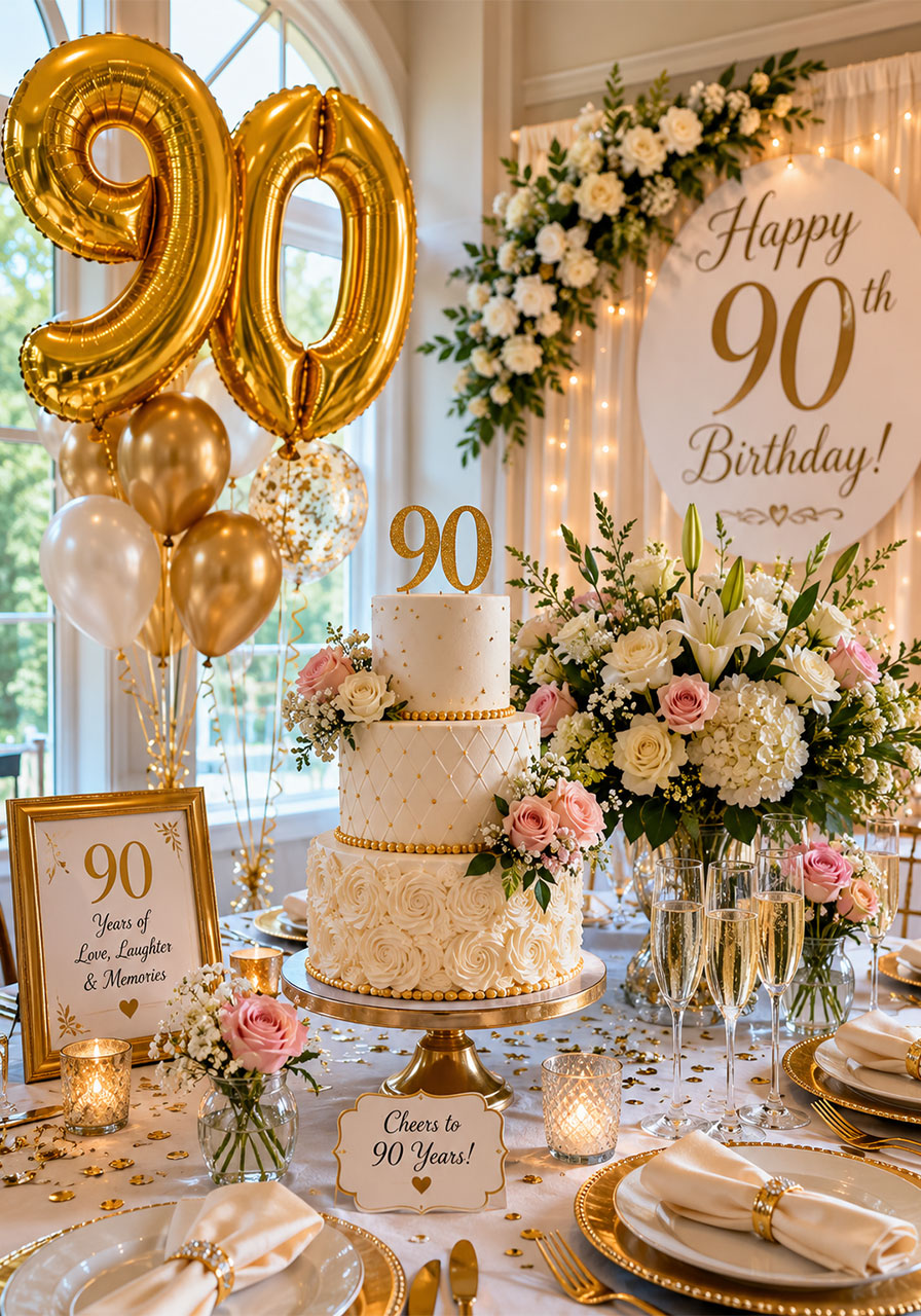 Elegant 90th birthday party table with gold balloons, floral centerpiece, and decorated birthday cake