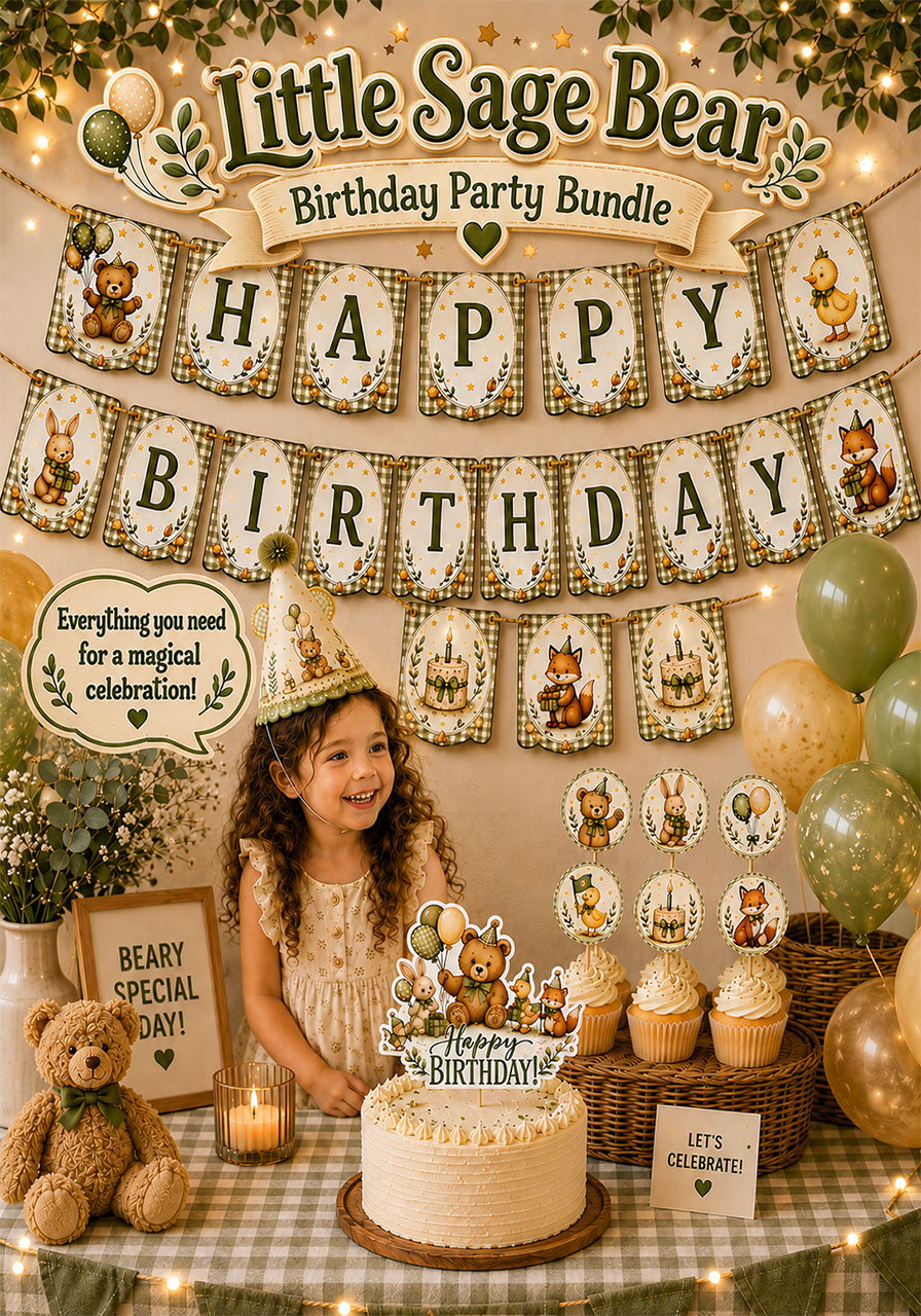 The Little Sage Bear Birthday Bundle Birthday Printable