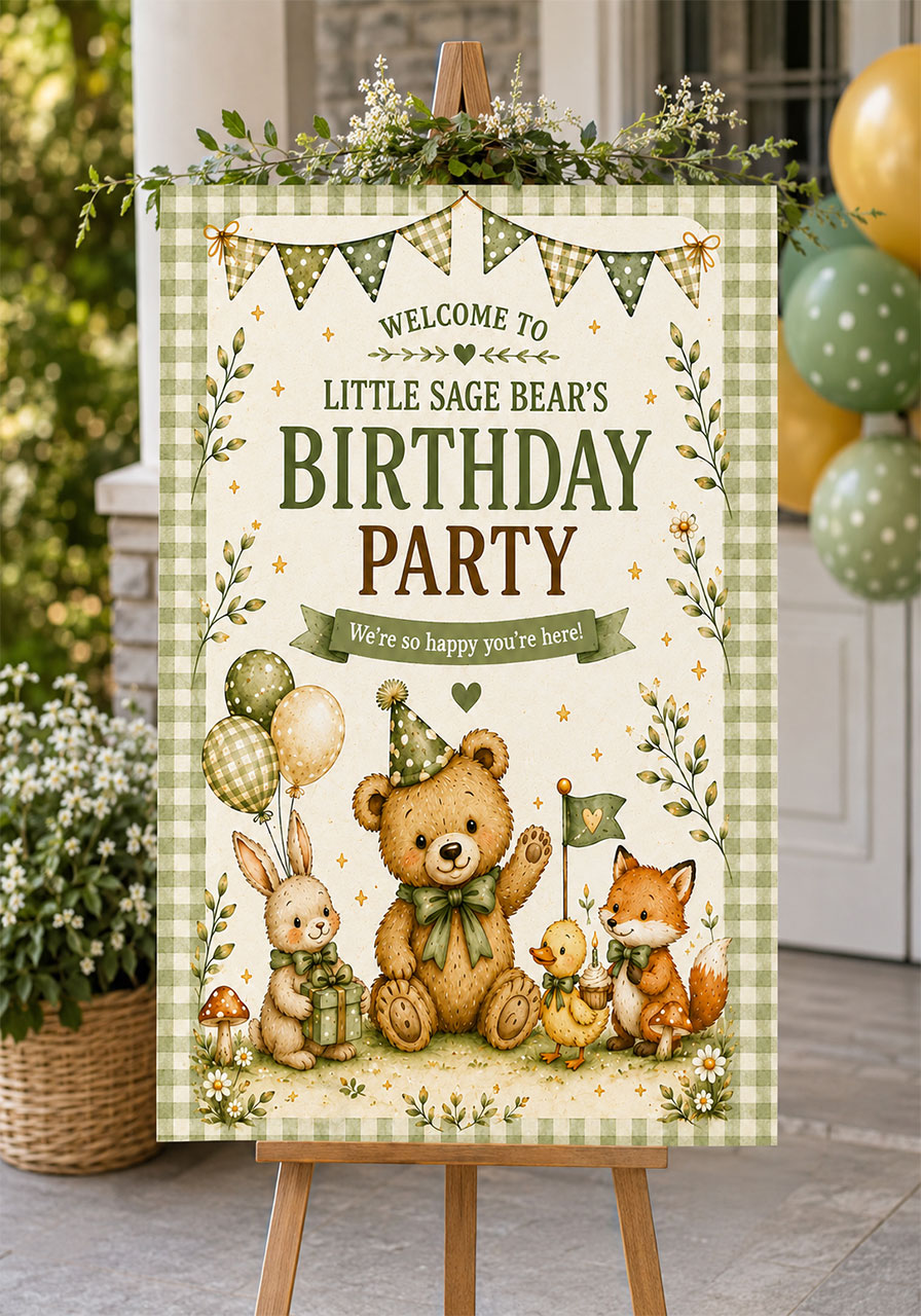 Little Sage Bear birthday Printable - Welcome Sign