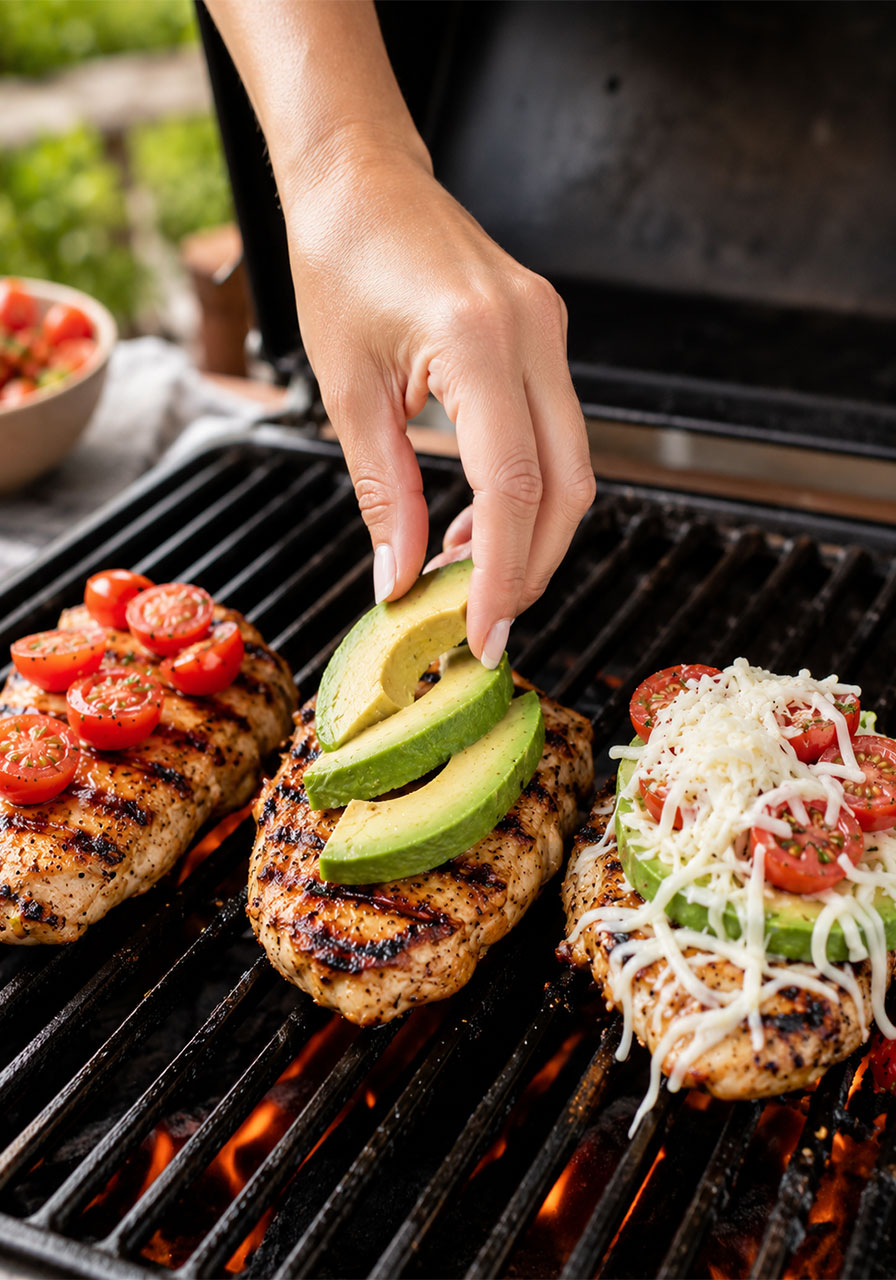 Grilled chicken breasts on hot grill grates being topped with fresh California avocado slices, halved cherry tomatoes, and shredded mozzarella cheese melting from the heat