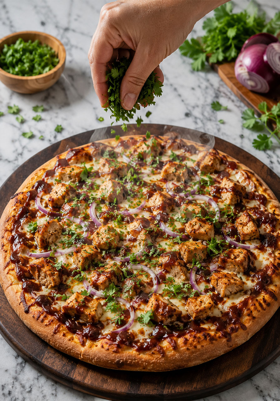 Adding freshly chopped cilantro to hot homemade BBQ chicken pizza straight from the oven