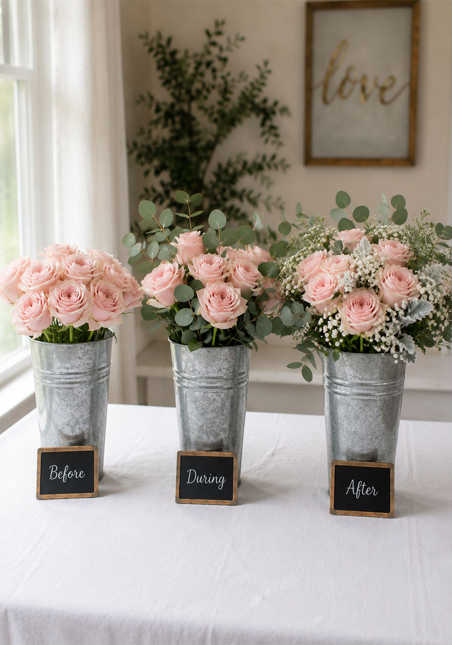 Before and after comparison of bridal shower flower bar buckets showing how adding eucalyptus and greenery transforms flower arrangements