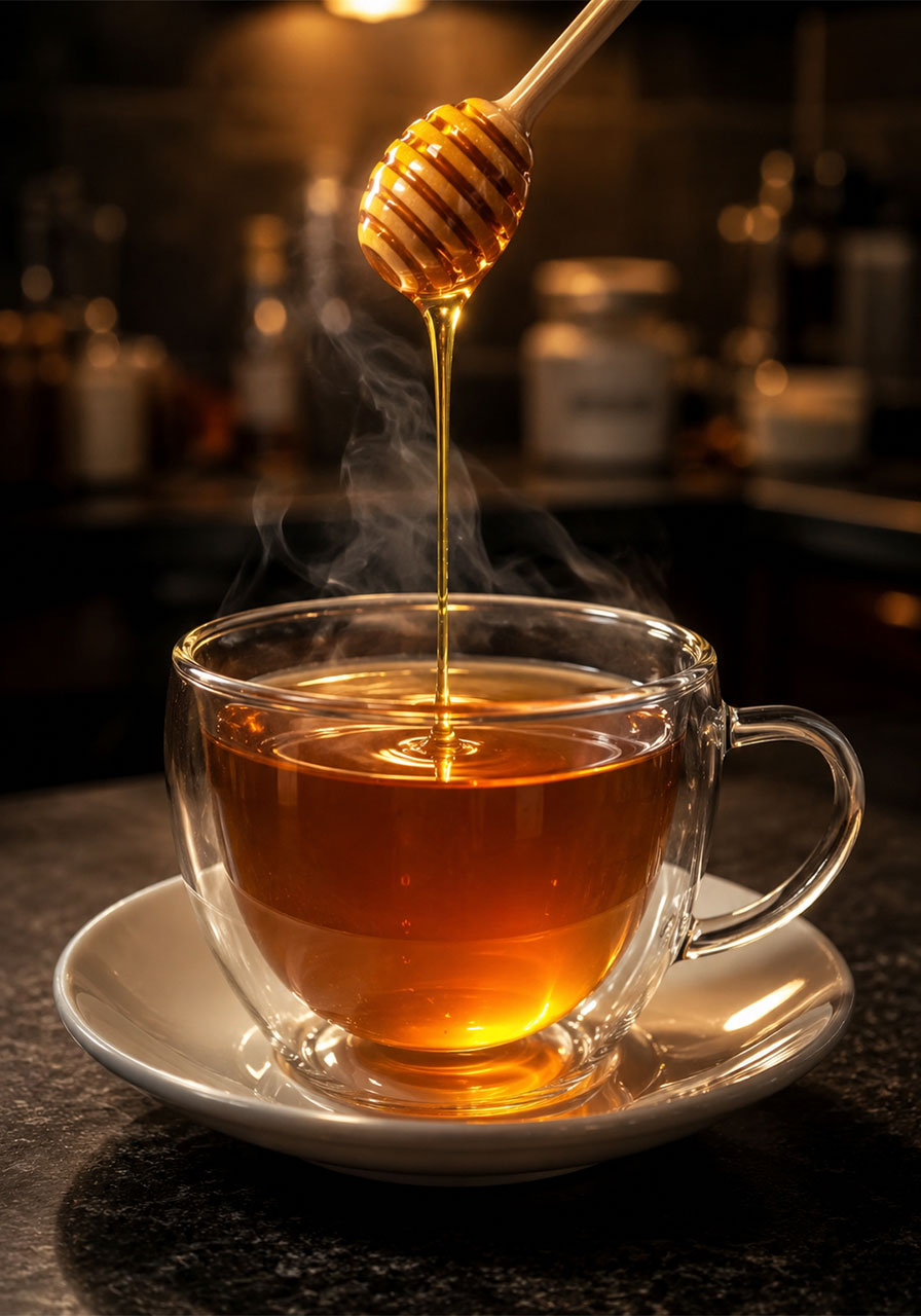 Drizzling golden honey into a steaming hot cup of apple cinnamon tea