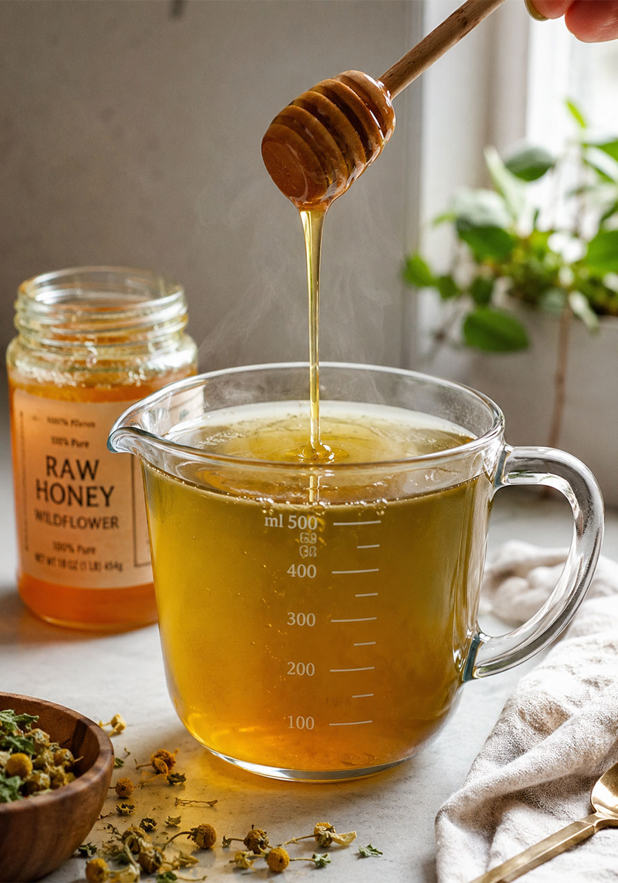 Drizzling golden honey into warm green tea to naturally sweeten homemade iced tea