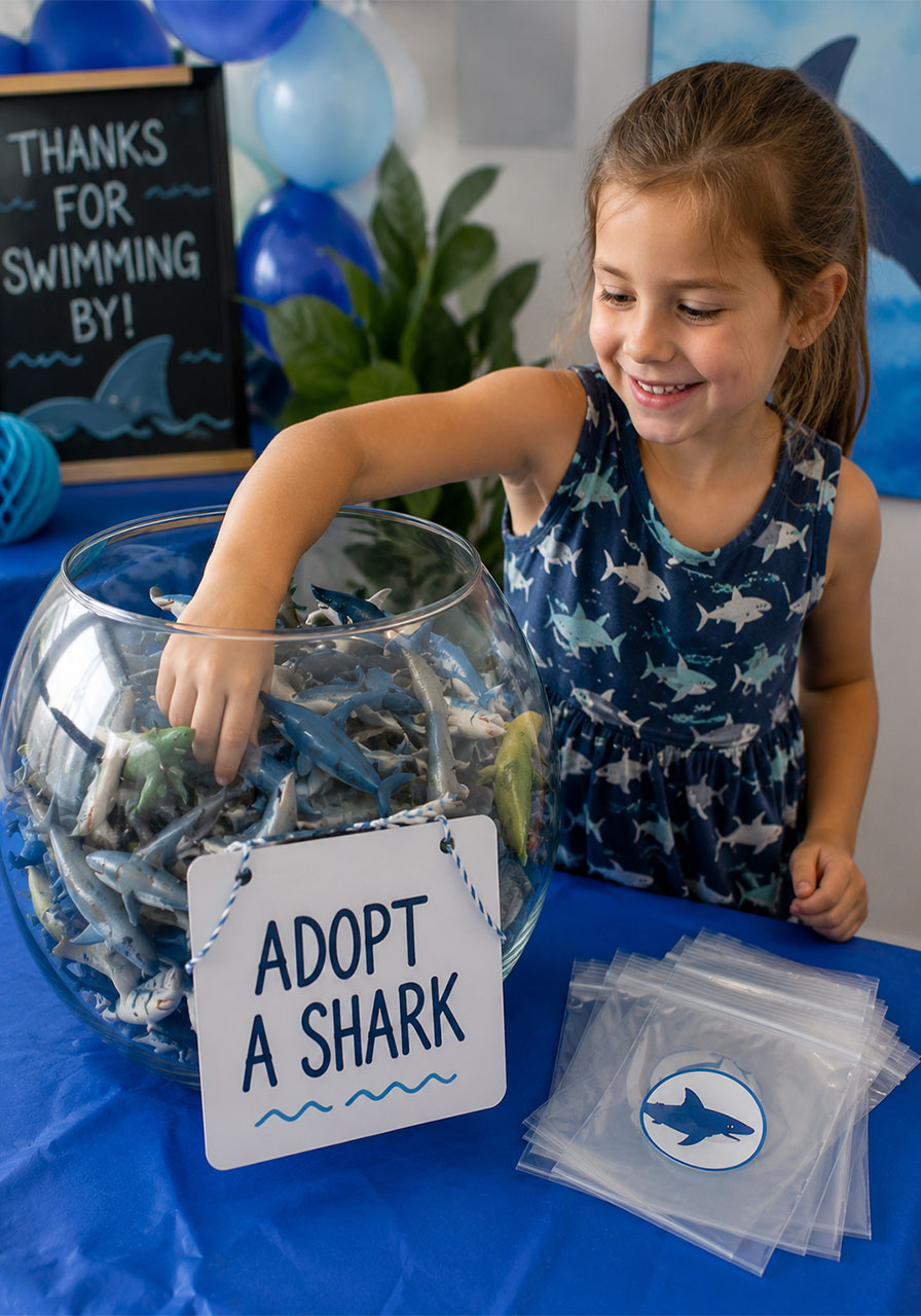 Adopt a shark party favor station with fish bowl full of mini shark toys and favor bags for kids shark themed birthday party