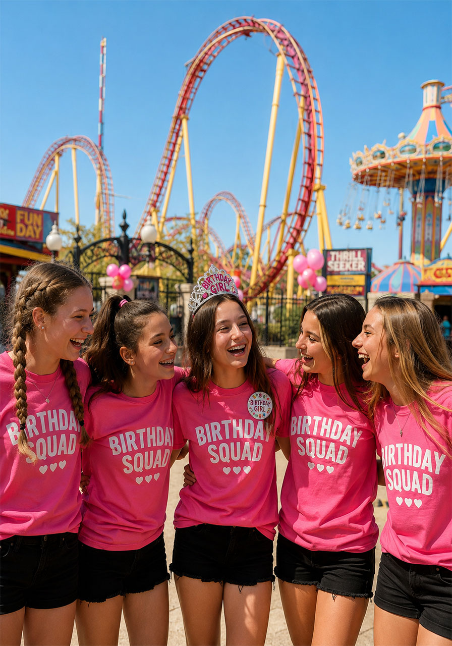 Teen girls in matching birthday squad shirts at amusement park for 15th birthday adventure day trip