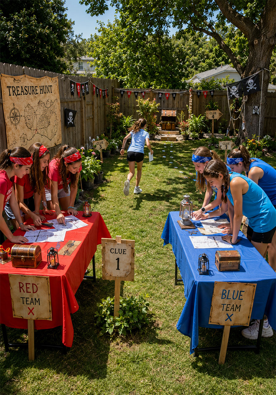 Teen girls doing birthday party scavenger hunt adventure quest in backyard with treasure chest prize