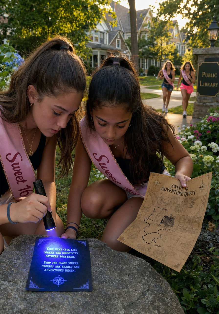 Teen girls doing Sweet 16 adventure quest scavenger hunt with UV clue cards and neighborhood map