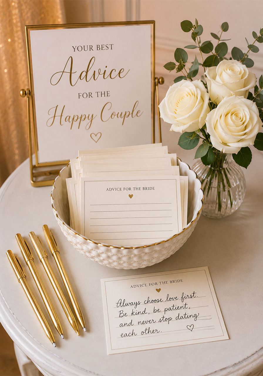 Advice for the bride card station with ivory cardstock and gold pen at bridal shower