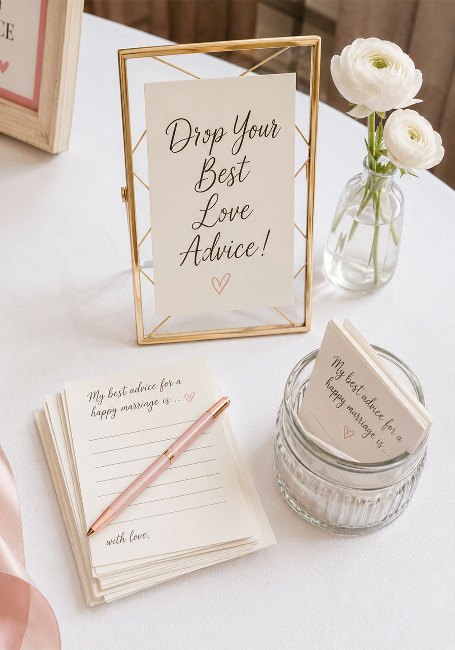 Advice for the bride sign with response cards and gold frame at styled bridal shower activity station