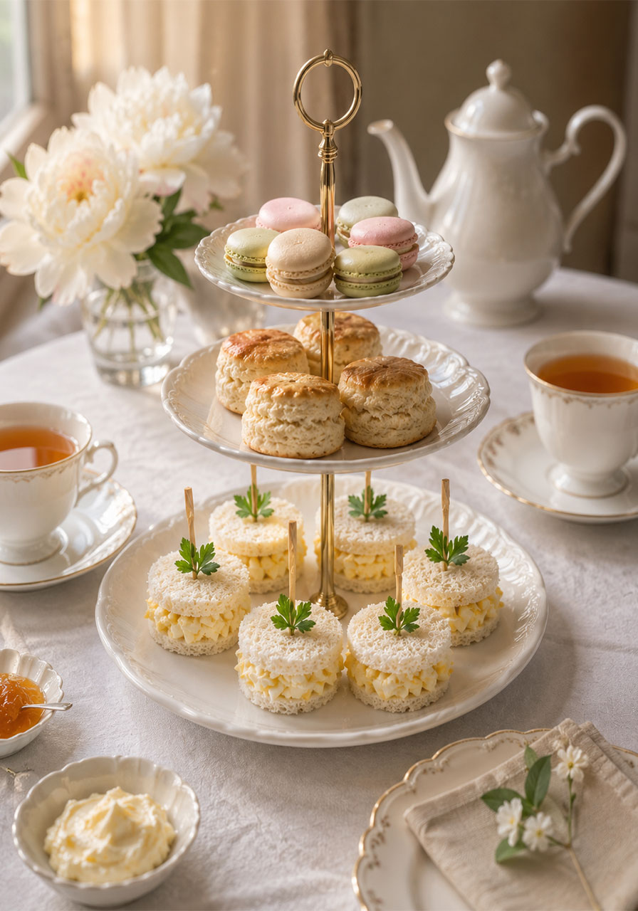 Elegant afternoon tea party table setting with egg salad tea sandwiches on a tiered stand alongside scones and teacups