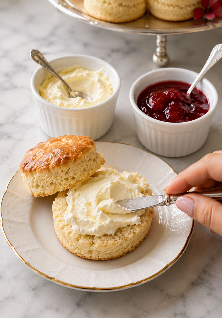 Afternoon tea second course showing a split golden scone being spread with clotted cream, with separate ramekins of jam and cream nearby