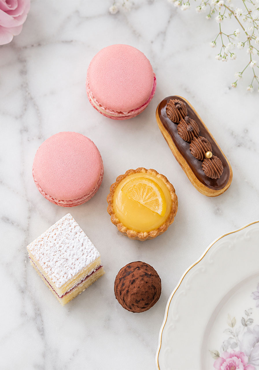 Overhead view of afternoon tea third course sweets including macarons, a mini éclair, lemon tart, and chocolate truffle arranged on white marble