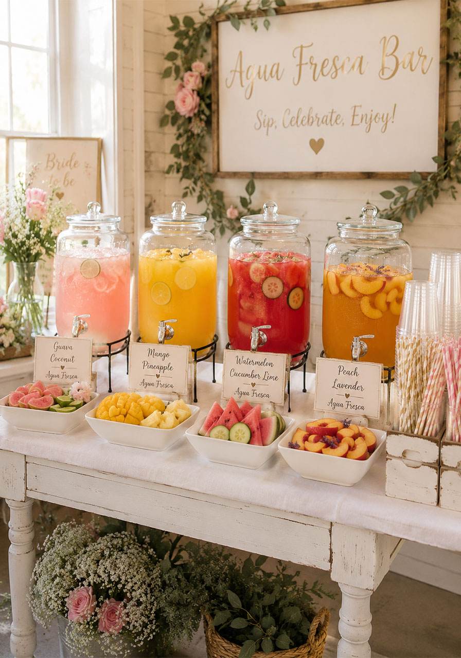 Four-flavor agua fresca mocktail bar station with glass dispensers and fresh fruit garnishes for a bridal shower party