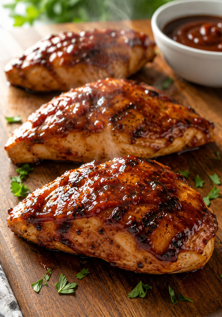 Three juicy air fryer BBQ chicken breasts glazed with caramelized BBQ sauce on a wooden cutting board