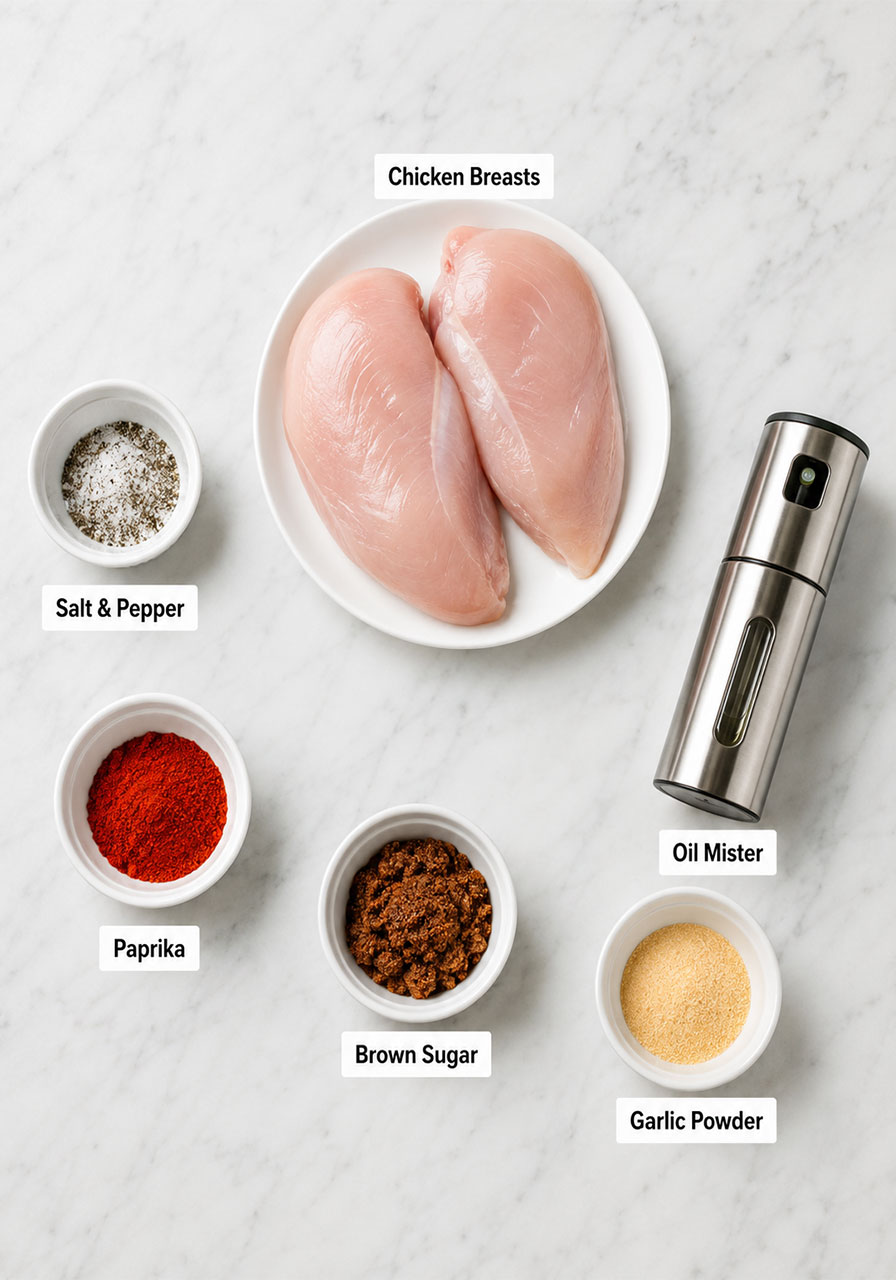 Flat lay of all ingredients for air fryer BBQ chicken including paprika, garlic powder, brown sugar, salt, pepper, and BBQ sauce